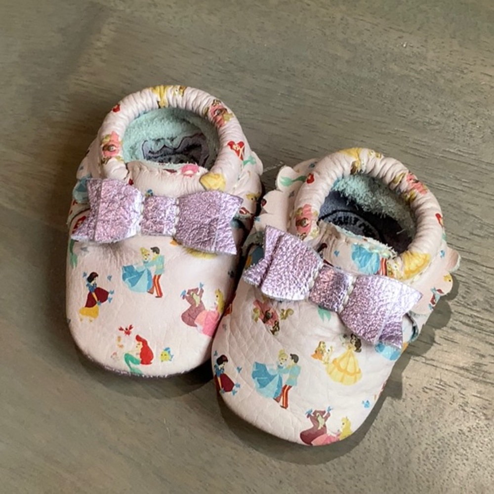 Freshly Picked Pink Baby Moccasins with Lavender Glitter Bows